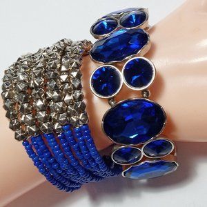 Vintage Cobalt Blue Glass Modernist Stretch Bracelet + Beaded Wide Cuff Bracelet